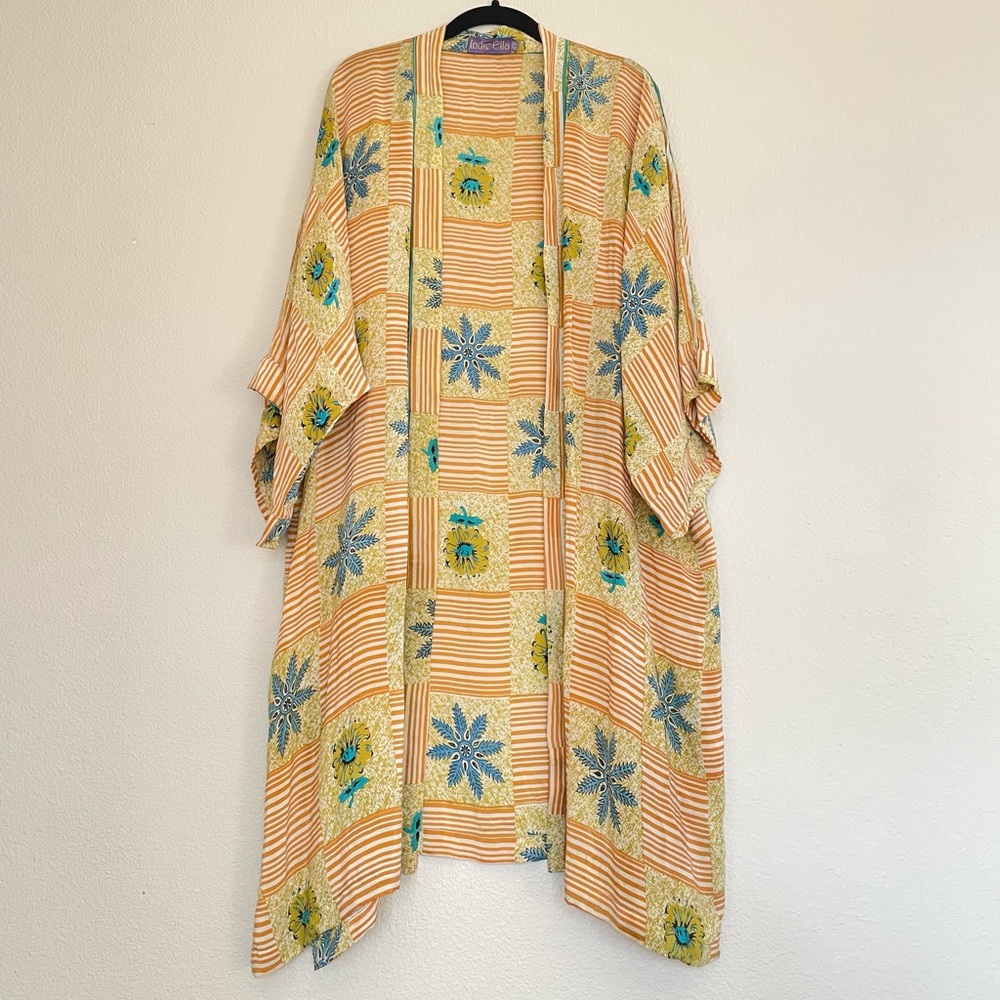 Indie Ella Women's One Size 100% Silk Floral Stripe Kimono Robe Yellow Orange